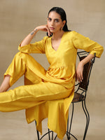 Thumbnail for trueBrowns Yellow Textured Silk High Slit Gathered Kurta Set - Distacart