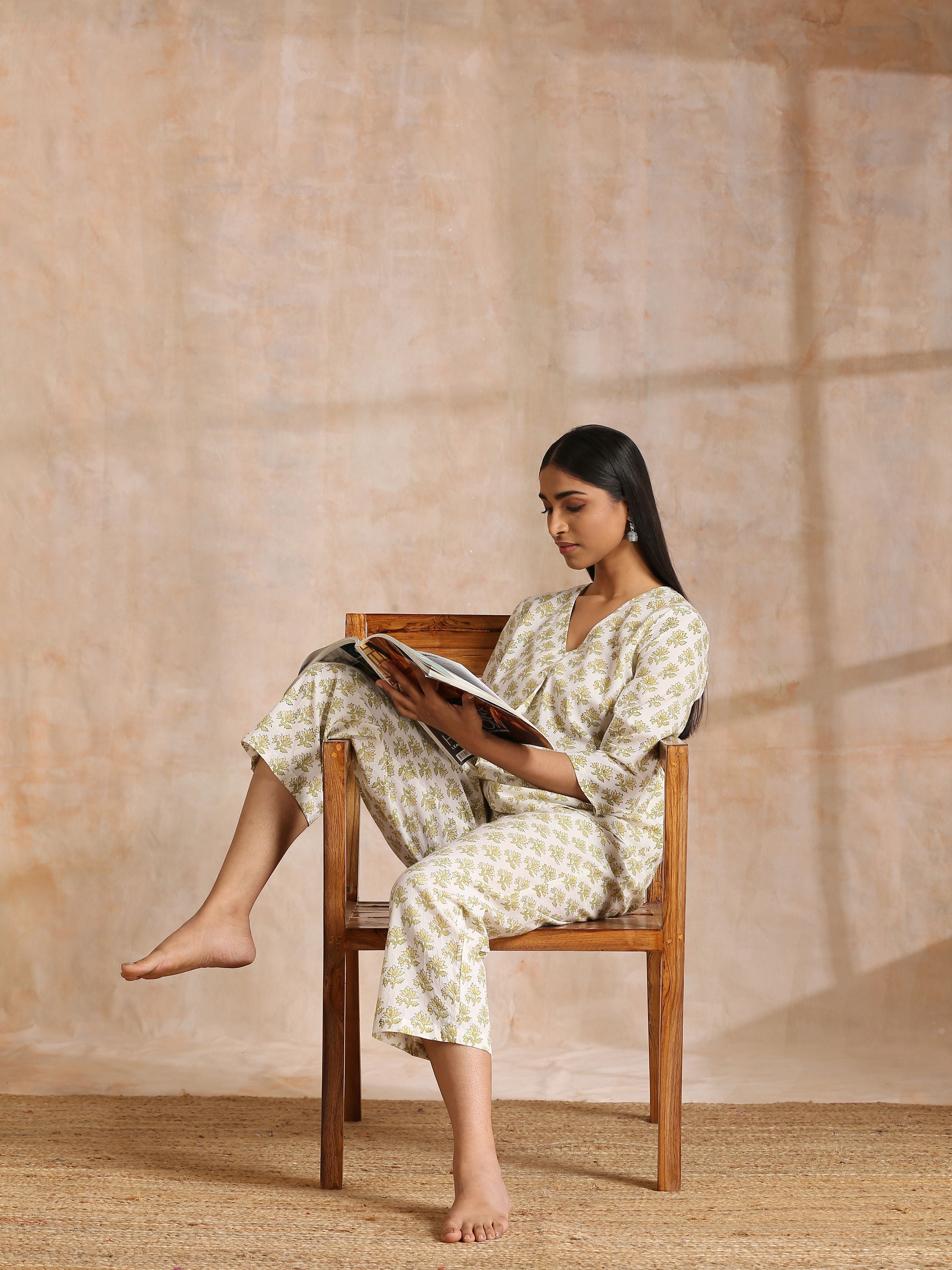 trueBrowns Green Buta On Off-White Block Print Cotton Co-Ord Set - Distacart