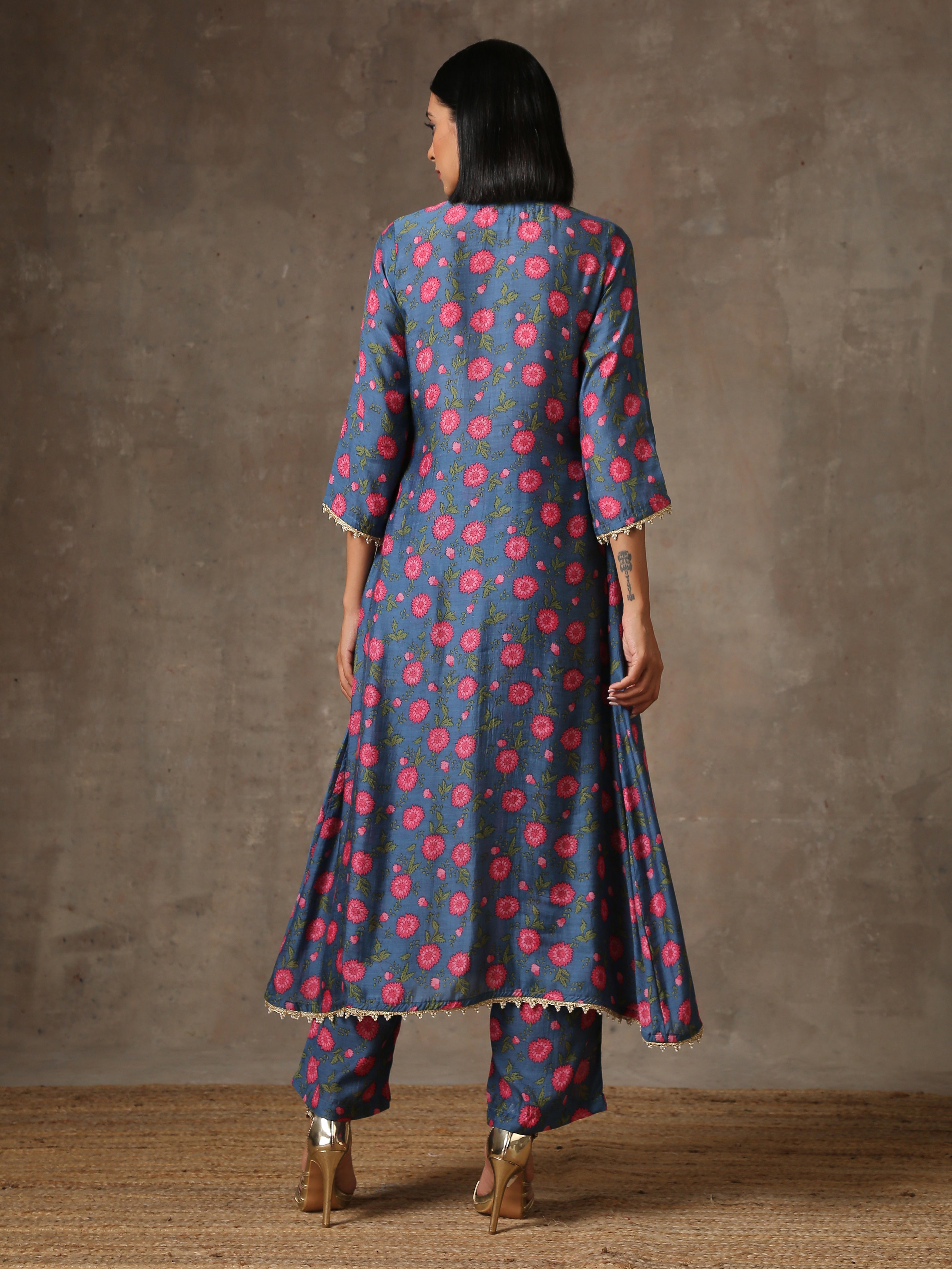 trueBrowns Blue Pink Printed Silk Kurta Pant Set - Distacart