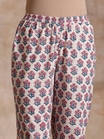 Thumbnail for trueBrowns White With Pink Blue Floral Block Print Cotton Flared Slit Kurta Pant Set - Distacart