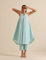 Thumbnail for trueBrowns Sky Blue Slub Sleeveless Flared Kurta Pant Set - Distacart