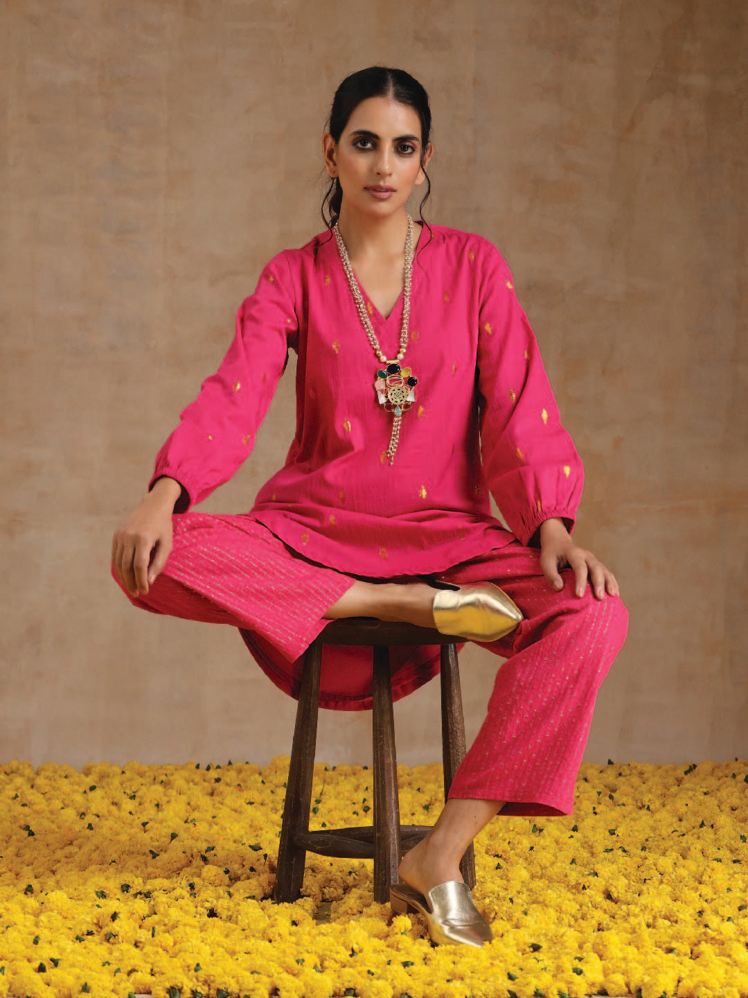 trueBrowns Pink Gold Cotton Short Co-Ord Set - Distacart