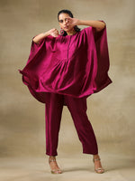 Thumbnail for trueBrowns Purple Textured Silk Gathered Kaftan Co-Ord Set - Distacart