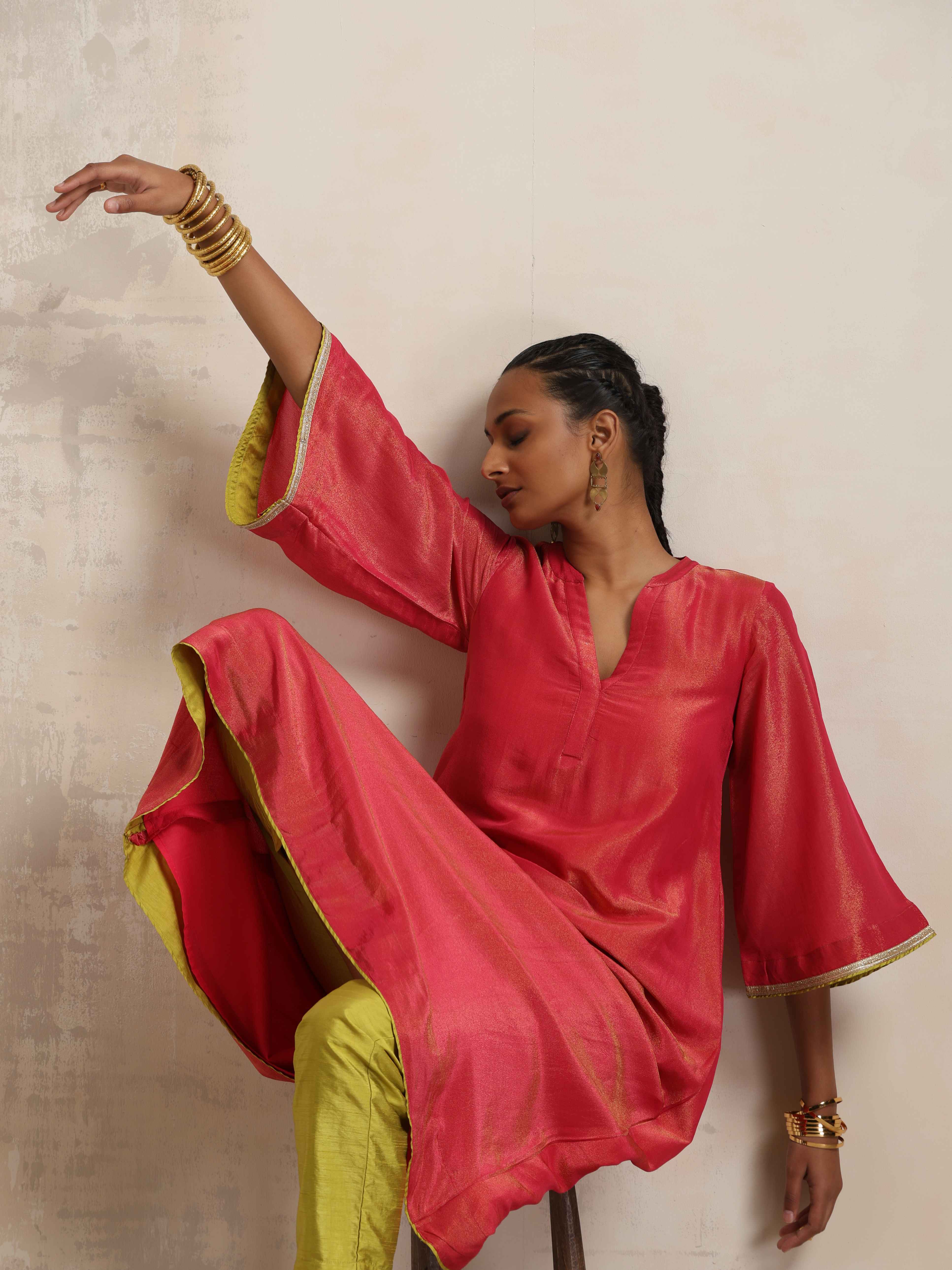 trueBrowns Hot Pink Tissue Flared Kurta Set - Distacart