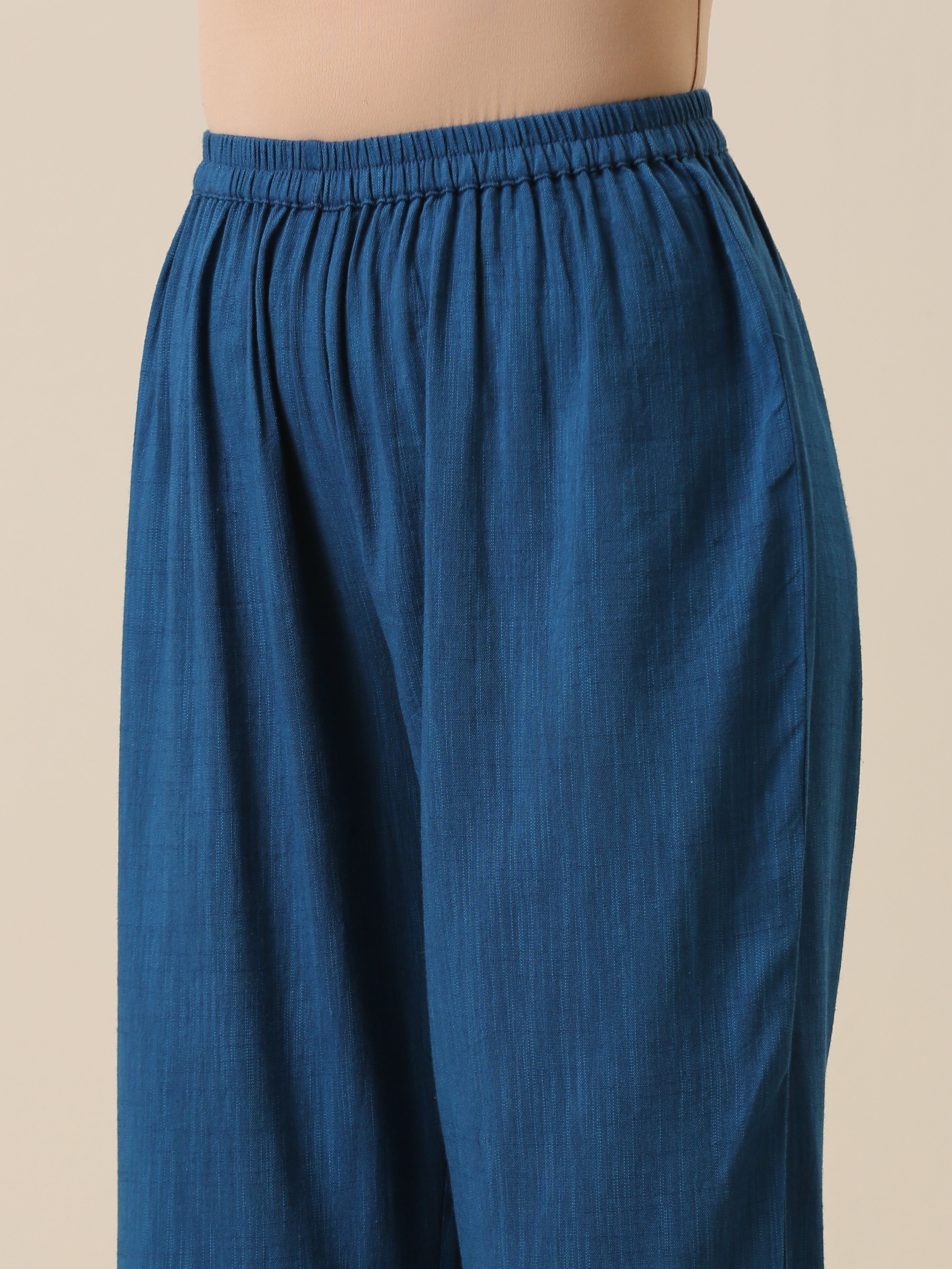 trueBrowns Classic Blue Slub Texture Overlap Pleat Kurta Pant Set - Distacart