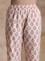 Thumbnail for trueBrowns Pink Buta On White Block Print Cotton Kaftan Co-Ord Set - Distacart