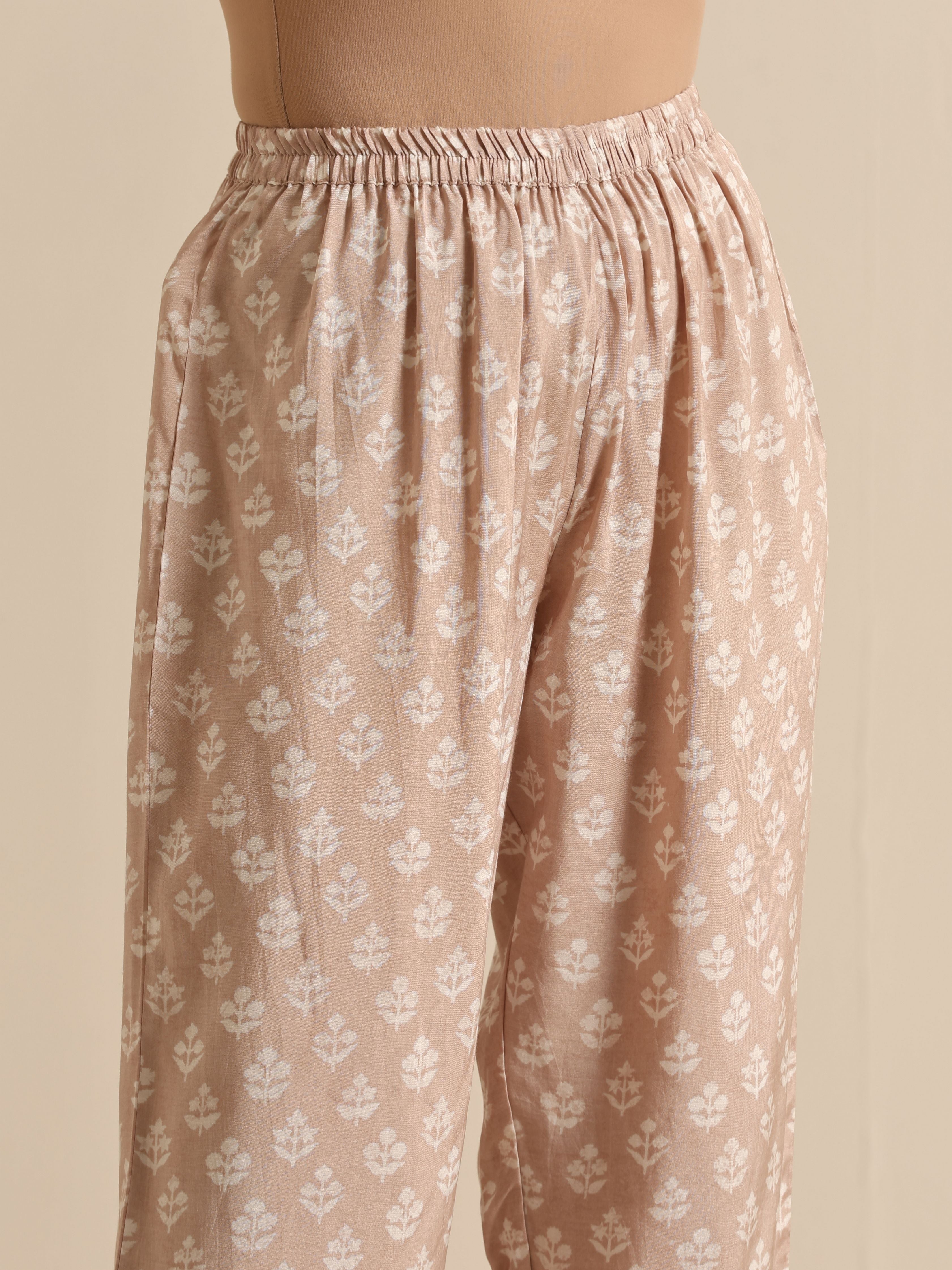 trueBrowns Beige White Floral Silk Print Kaftan Pant Set - Distacart