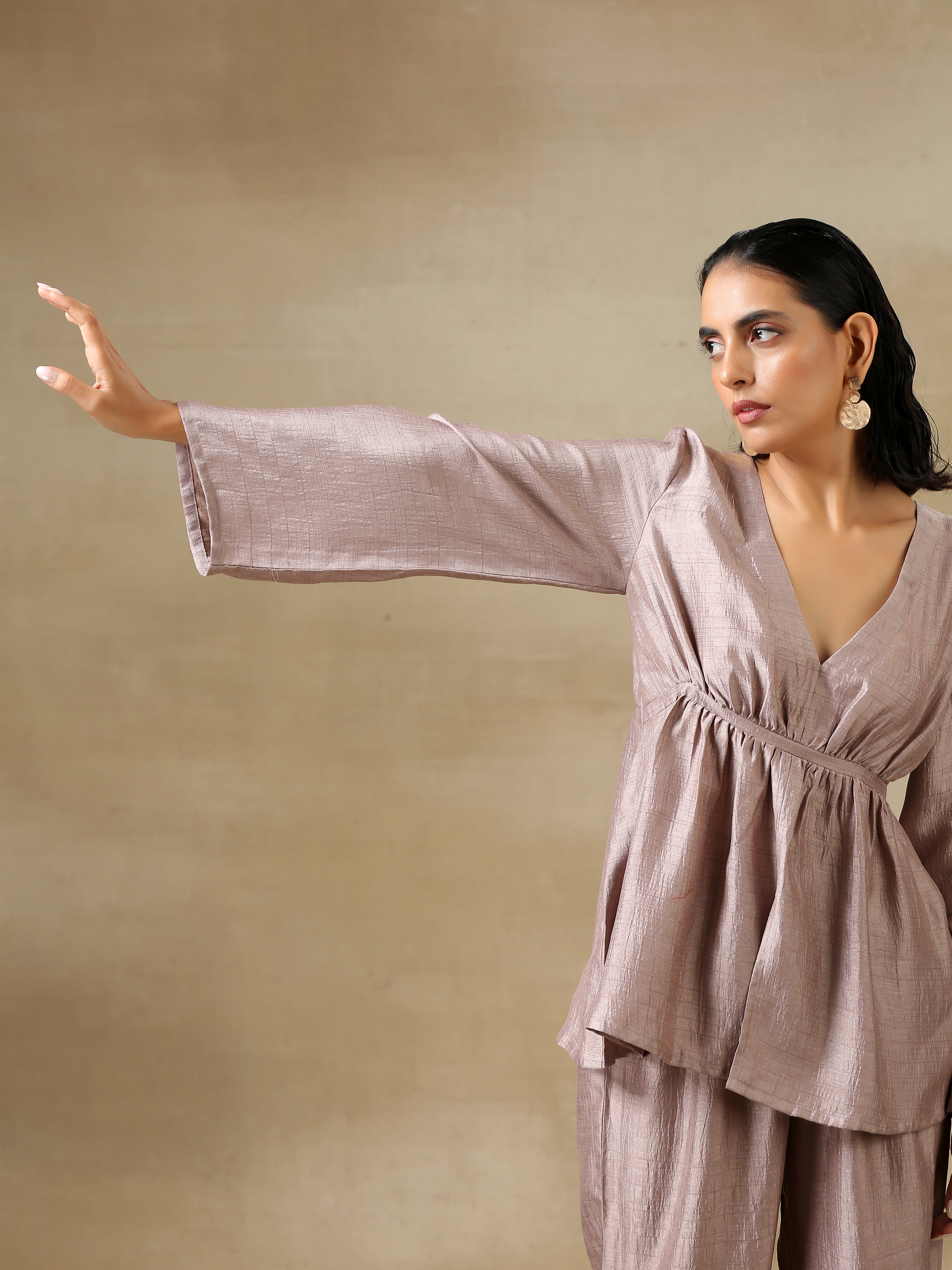 trueBrowns Grey Textured Silk Deep V-Neck Co-Ord Set - Distacart