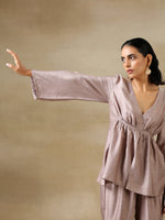 Thumbnail for trueBrowns Grey Textured Silk Deep V-Neck Co-Ord Set - Distacart