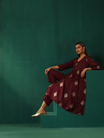 Thumbnail for trueBrowns Wine Geometric Viscose Silk High Slit Kurta Pant Set - Distacart