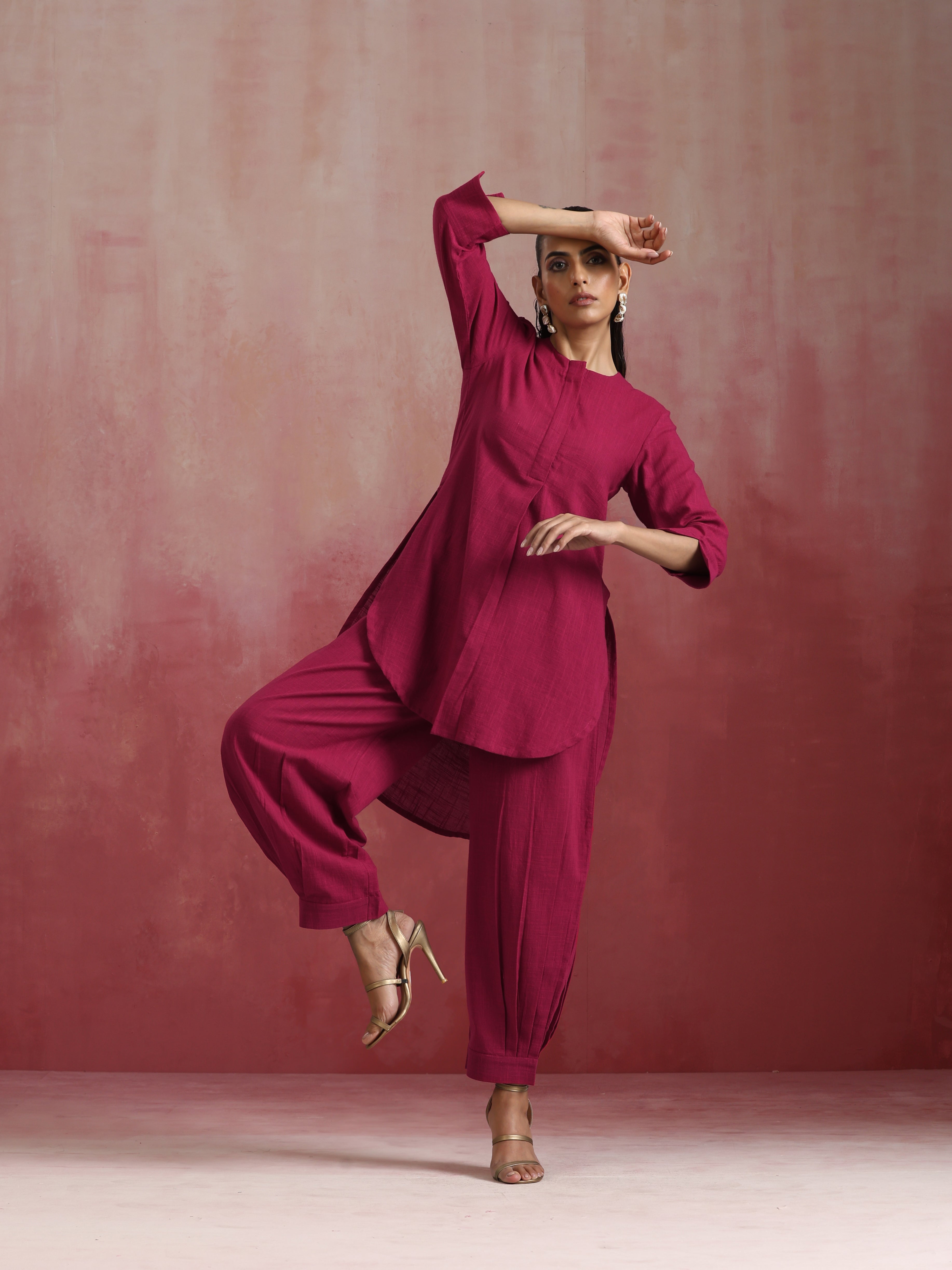 trueBrowns Magenta Cotton Kurta Co-ord set - Distacart