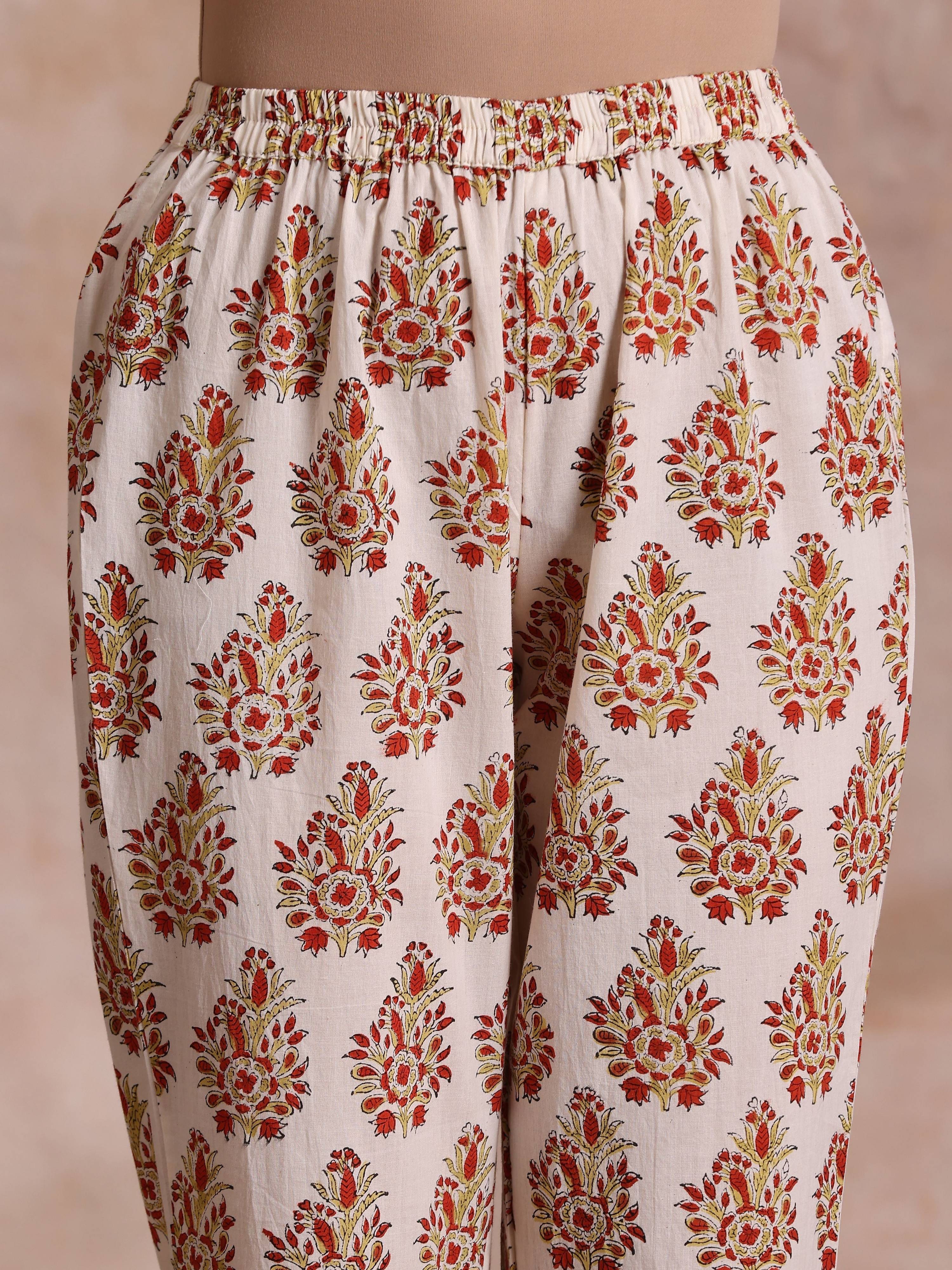 trueBrowns White With Red Yellow Buta Block Print Cotton Kurta Pant Dupatta Set - Distacart