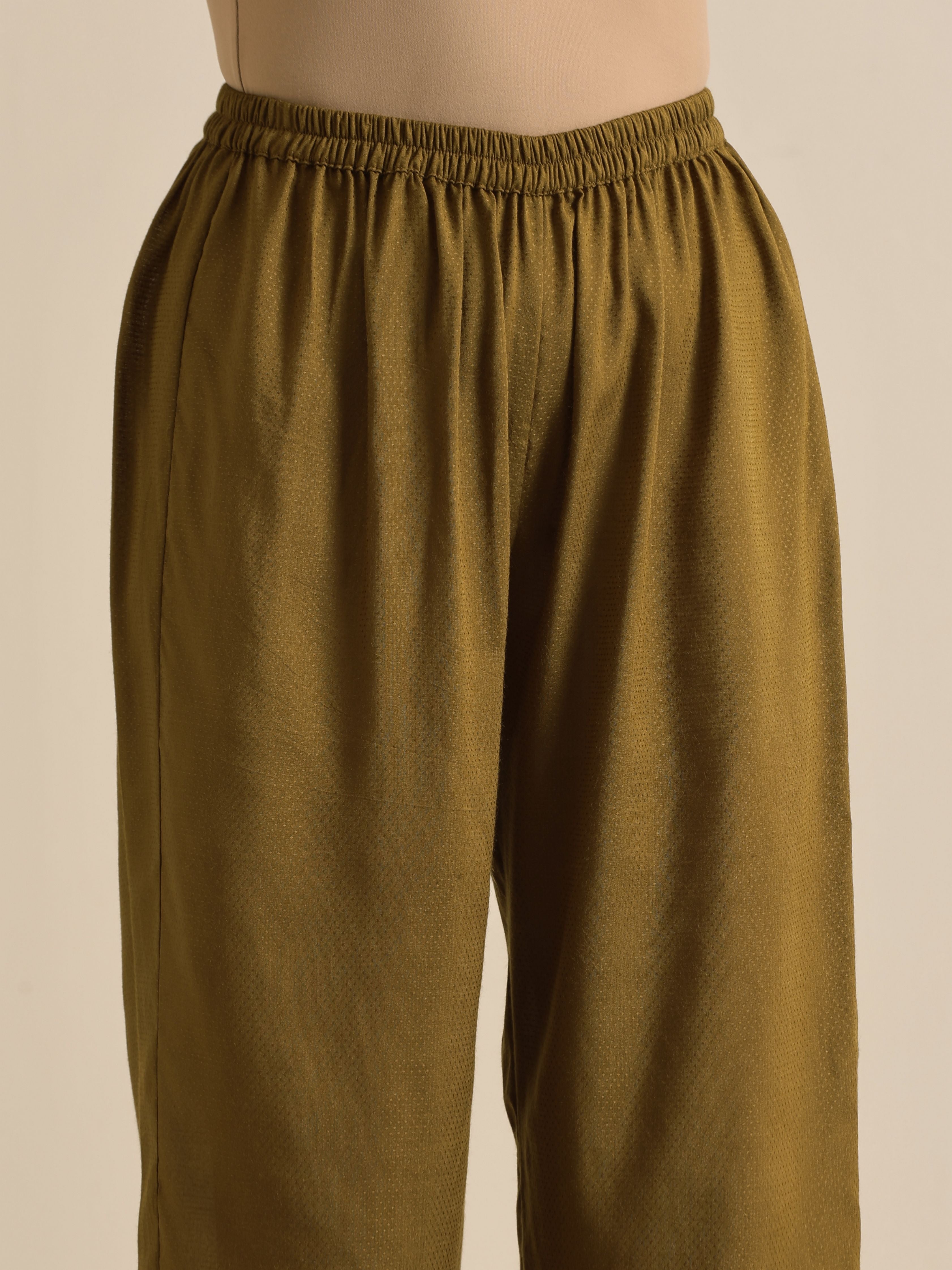 trueBrowns Olive Green Texture Doddy Kaftan Gathered Co-Ord Set - Distacart