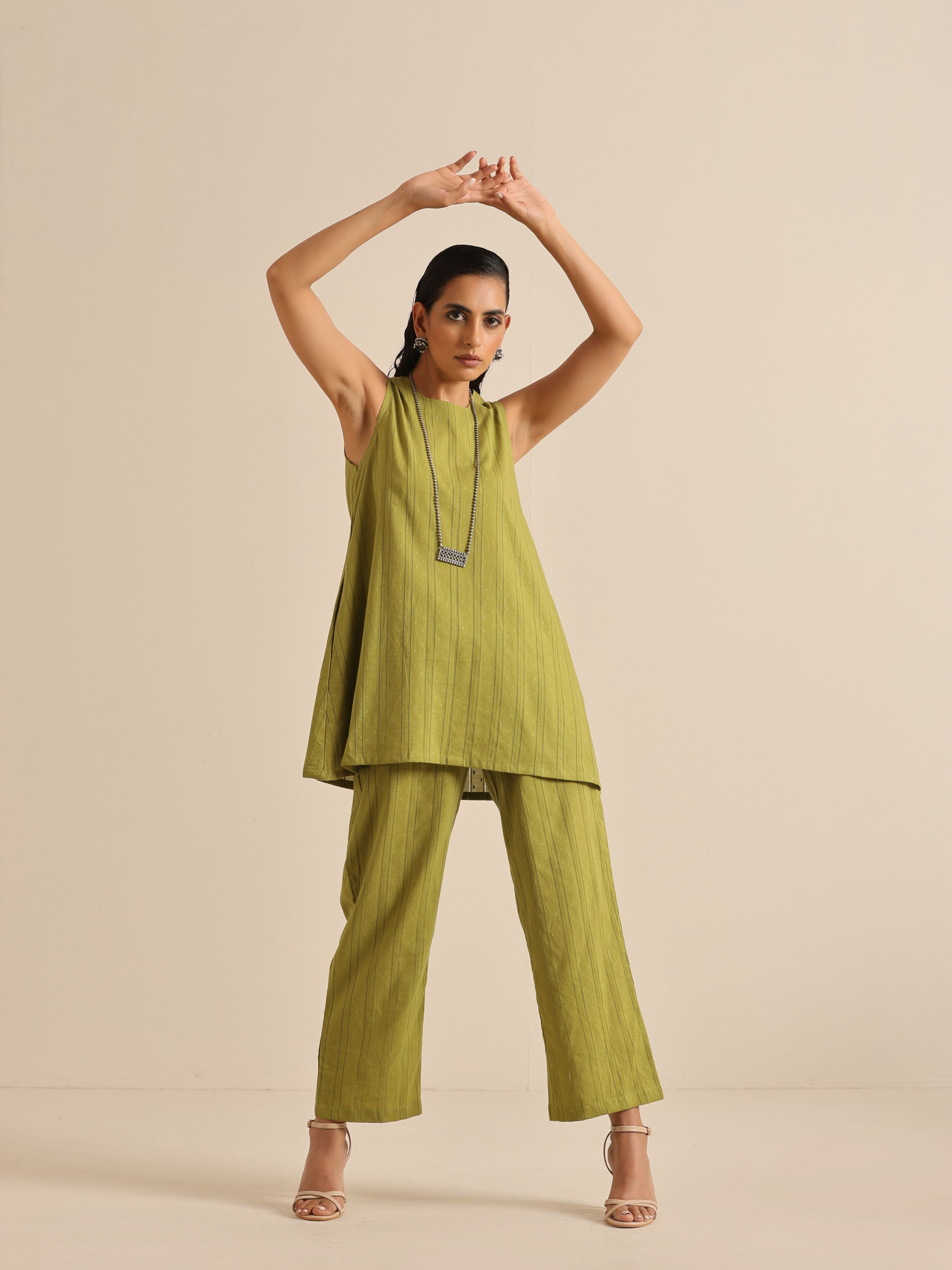 trueBrowns Green Dobby Sleeveless Co-Ord Set - Distacart