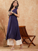 Thumbnail for InWeave Royal Blue Lurex V-Neck W/S Front Slit Kurta Pant Set - Distacart
