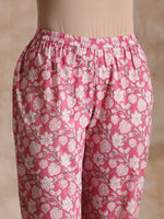 Thumbnail for trueBrowns Pink Overall Floral Block Print Cotton Flared Kurta Pant Set - Distacart
