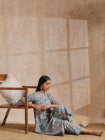 Thumbnail for trueBrowns Turkish Blue Overall Floral Block Print Cotton Flared Kurta Pant Set - Distacart