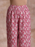 Thumbnail for trueBrowns Pink Green Floral On White Block Print Cotton Slit Kurta Pant Set - Distacart