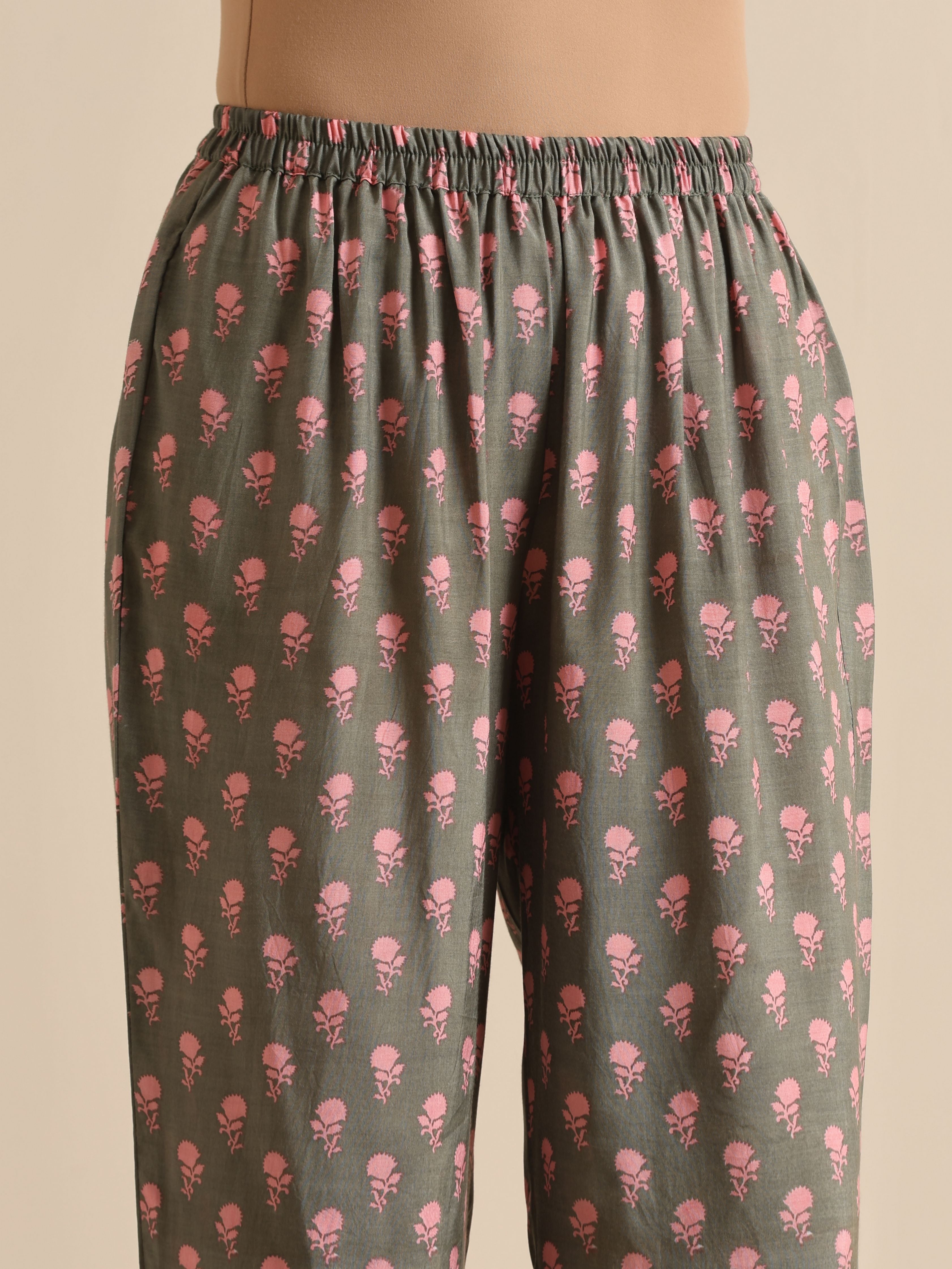 trueBrowns Grey Floral Silk Printed Co-Ord Set - Distacart