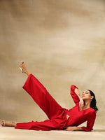 Thumbnail for trueBrowns Maroon Textured Silk Front Slit Kurta Pant Set - Distacart