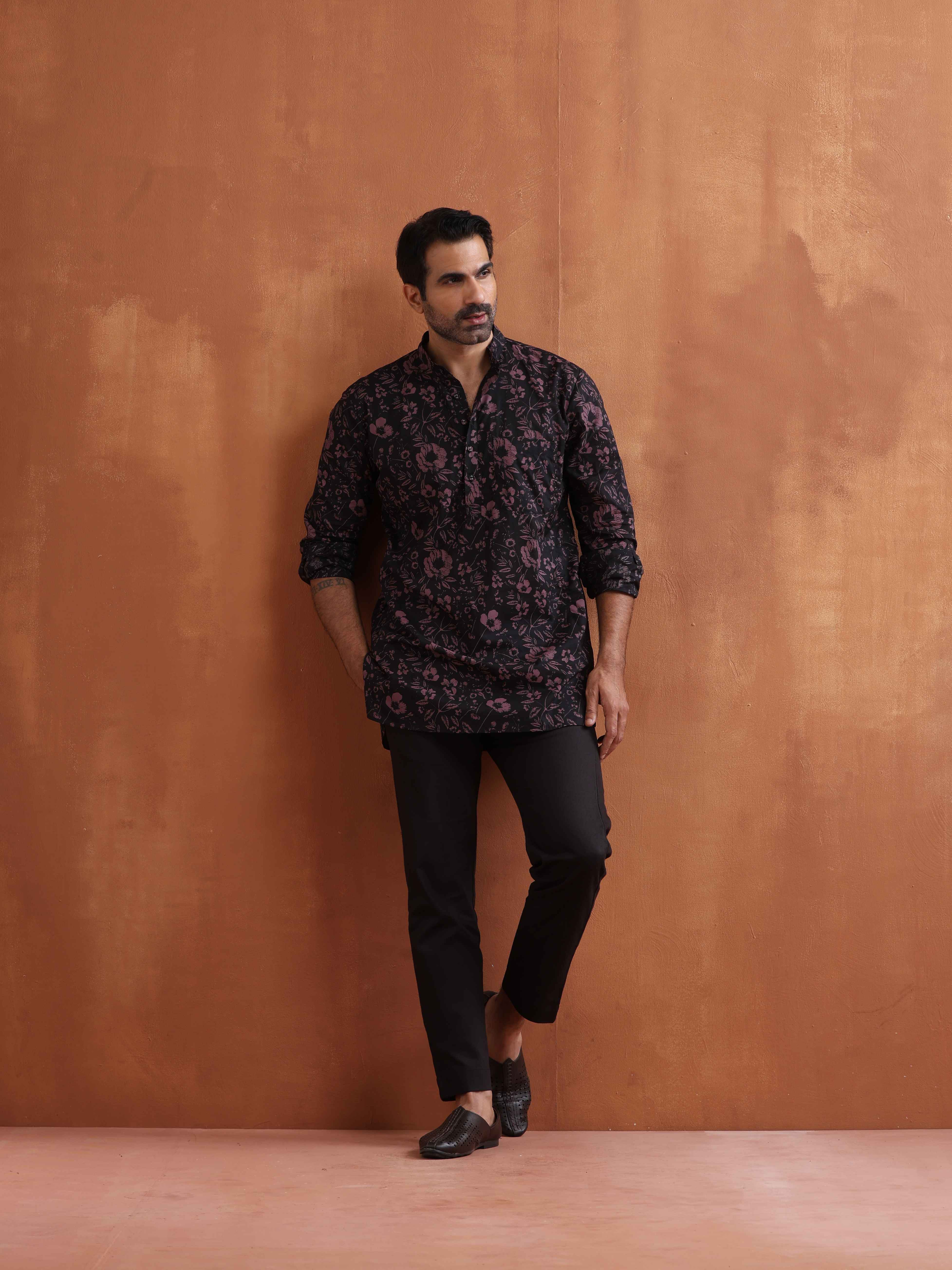 trueBrowns Men's Black Floral Printed Short Kurta - Distacart