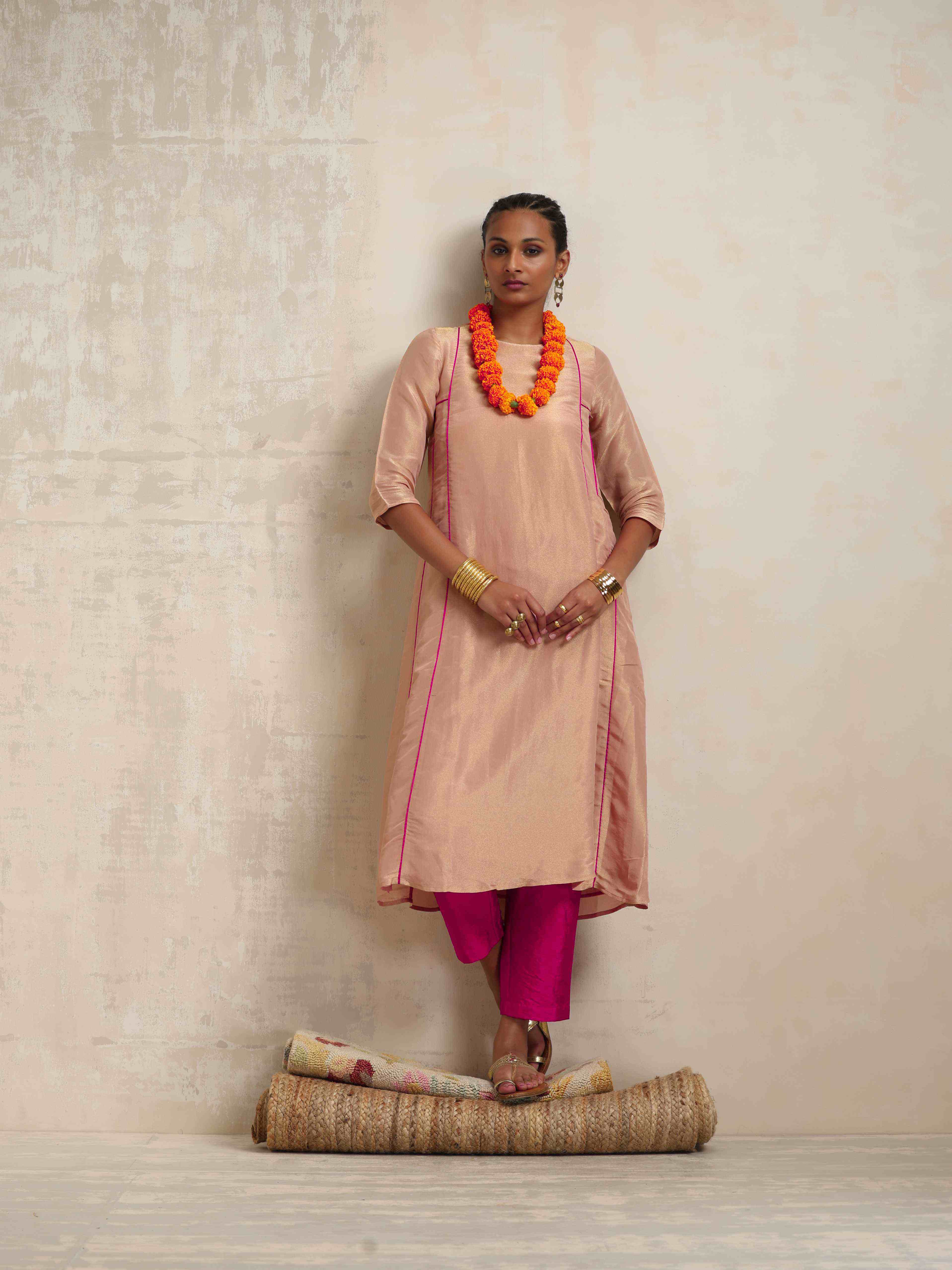 trueBrowns Blush Pink Tissue A-line Kurta Set - Distacart