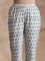 Thumbnail for trueBrowns White With Blue Green Buta Print Cotton Flared Kurta Pant Set - Distacart
