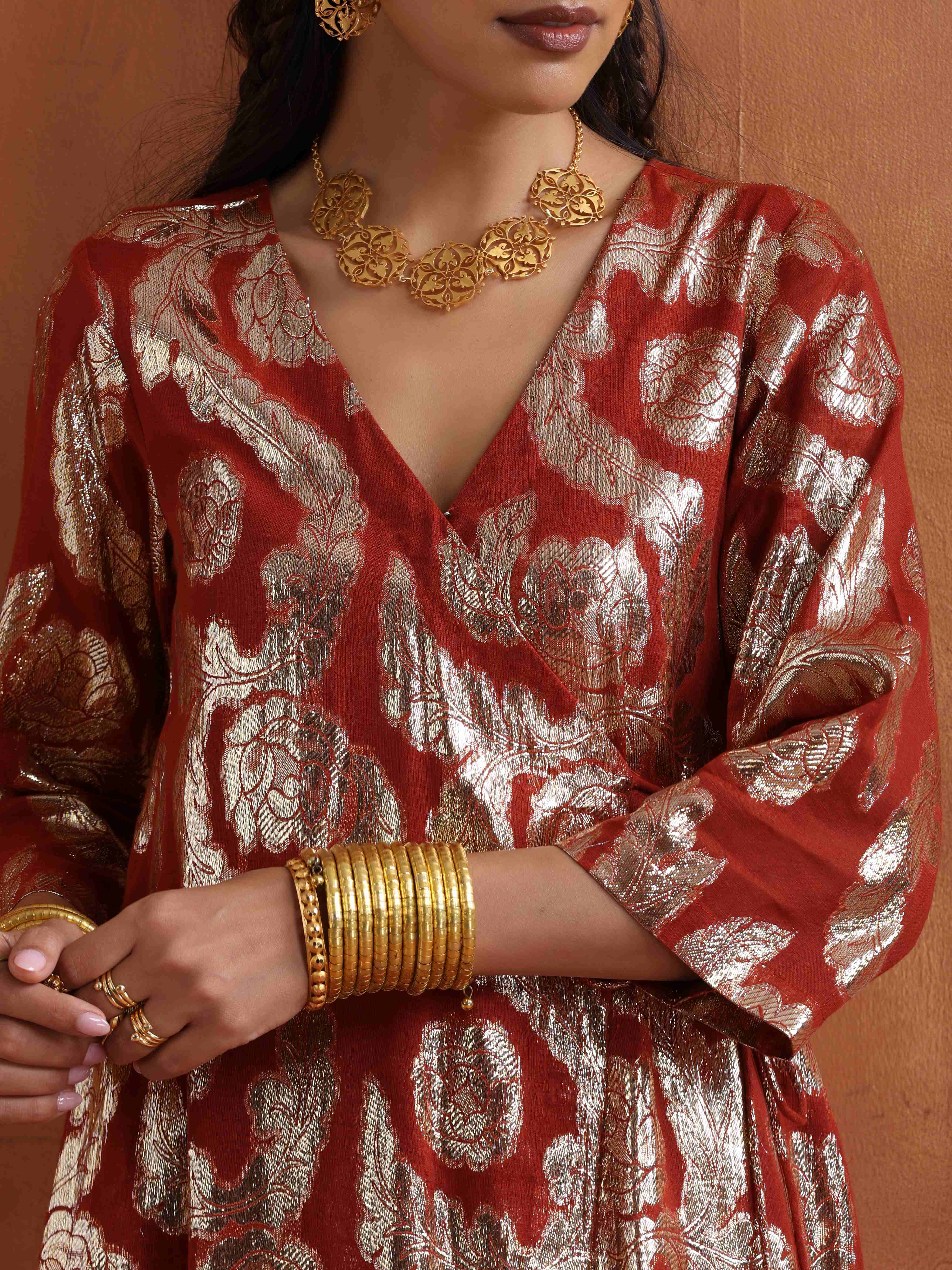 trueBrowns Rust Metallic Angrakha Kurta Set - Distacart