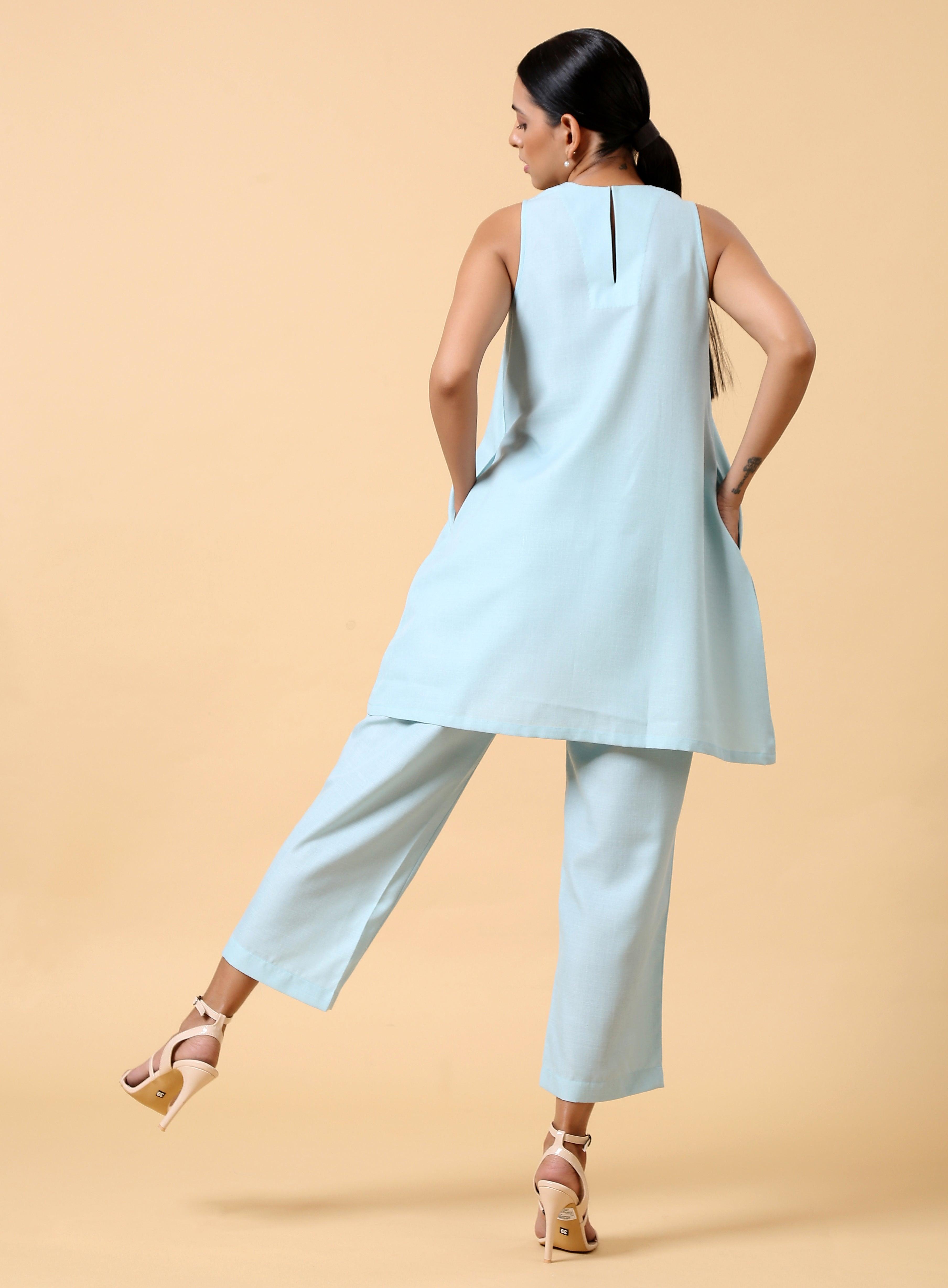 trueBrowns Cotton Linen Light Blue Sleeveless Co-Ord Set - Distacart