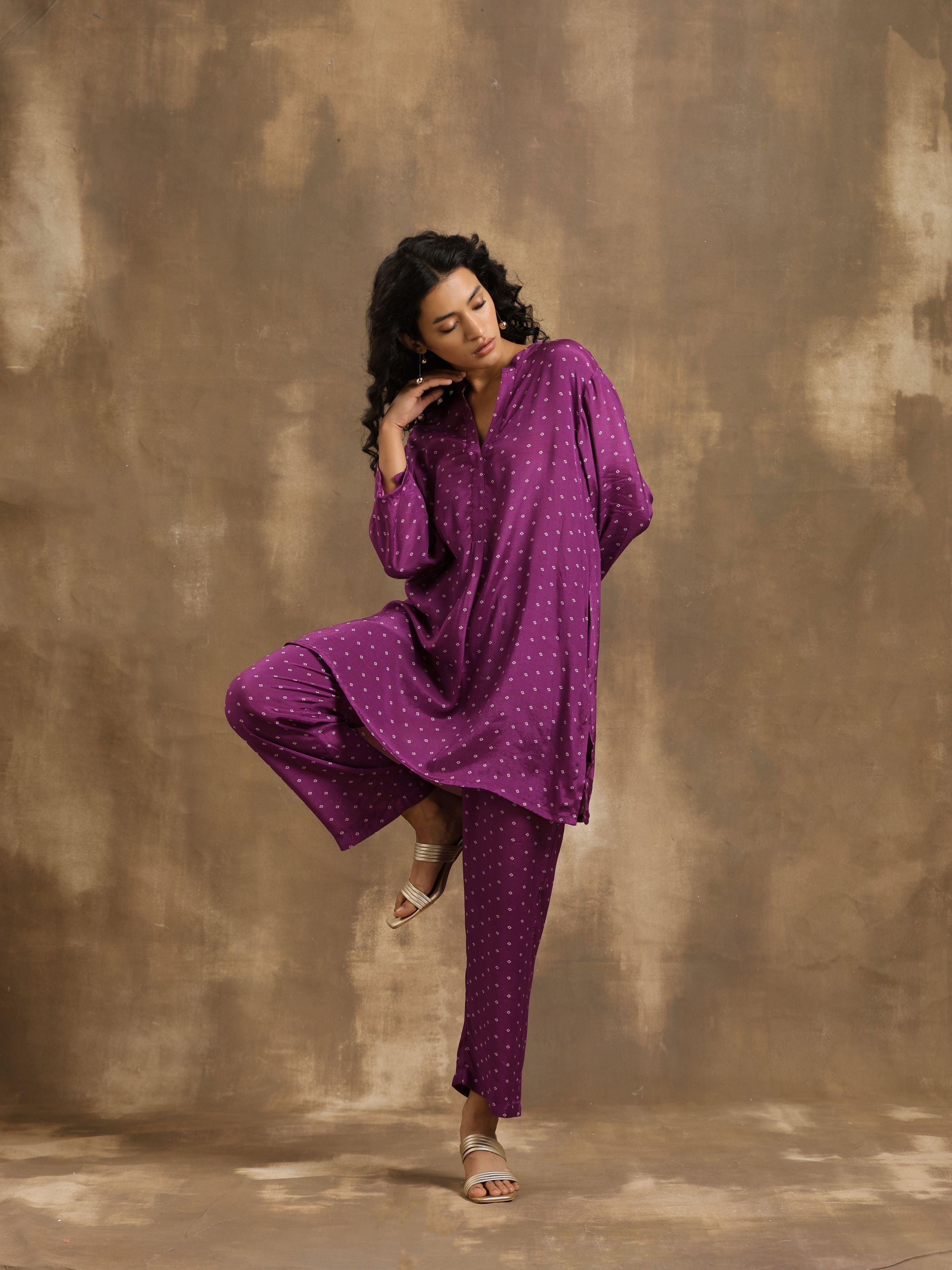 trueBrowns Purple Bandhani Printed Silk Co-Ord Set - Distacart