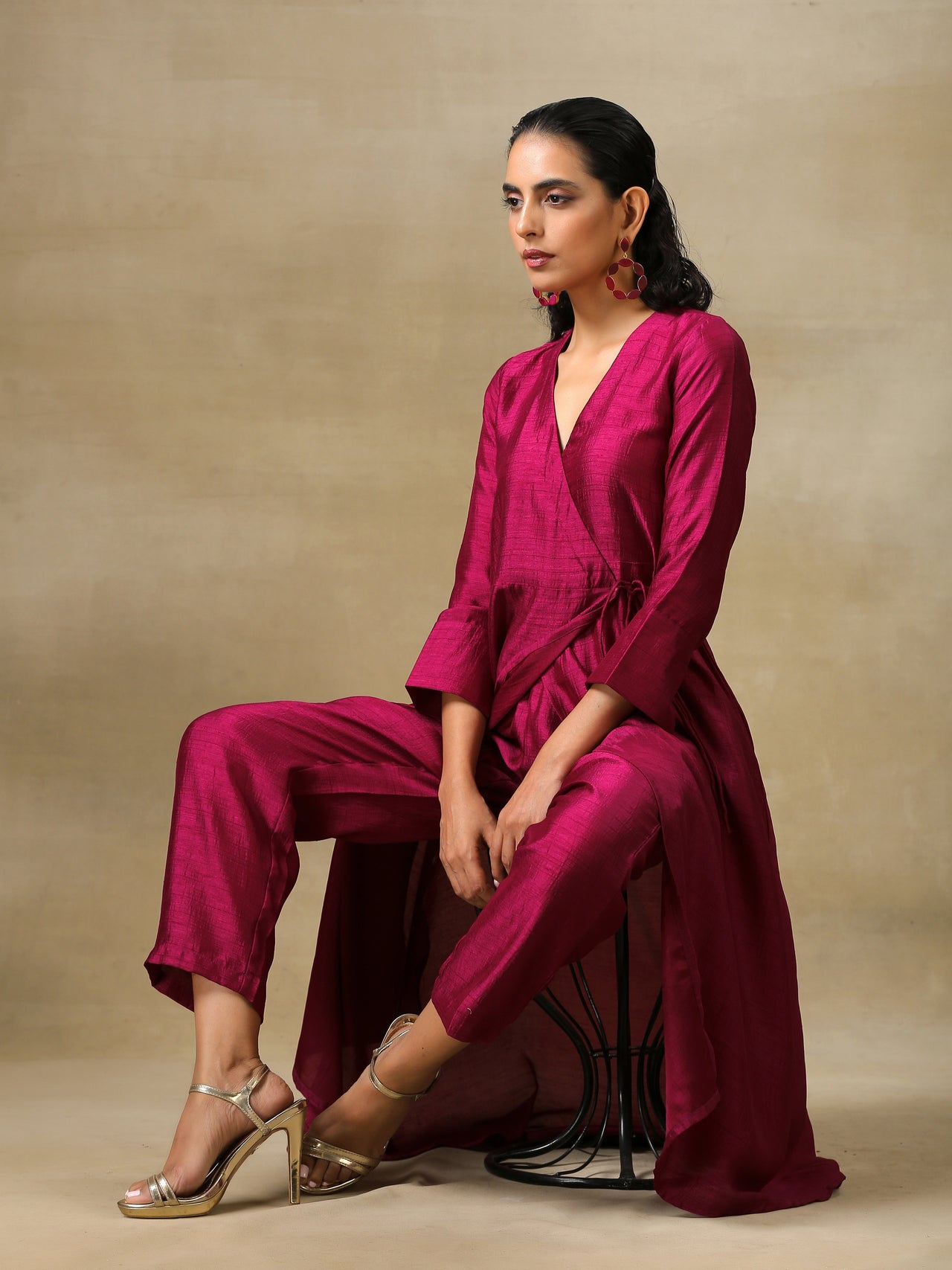trueBrowns Purple Textured Silk Angrakha Kurta Pant Set - Distacart