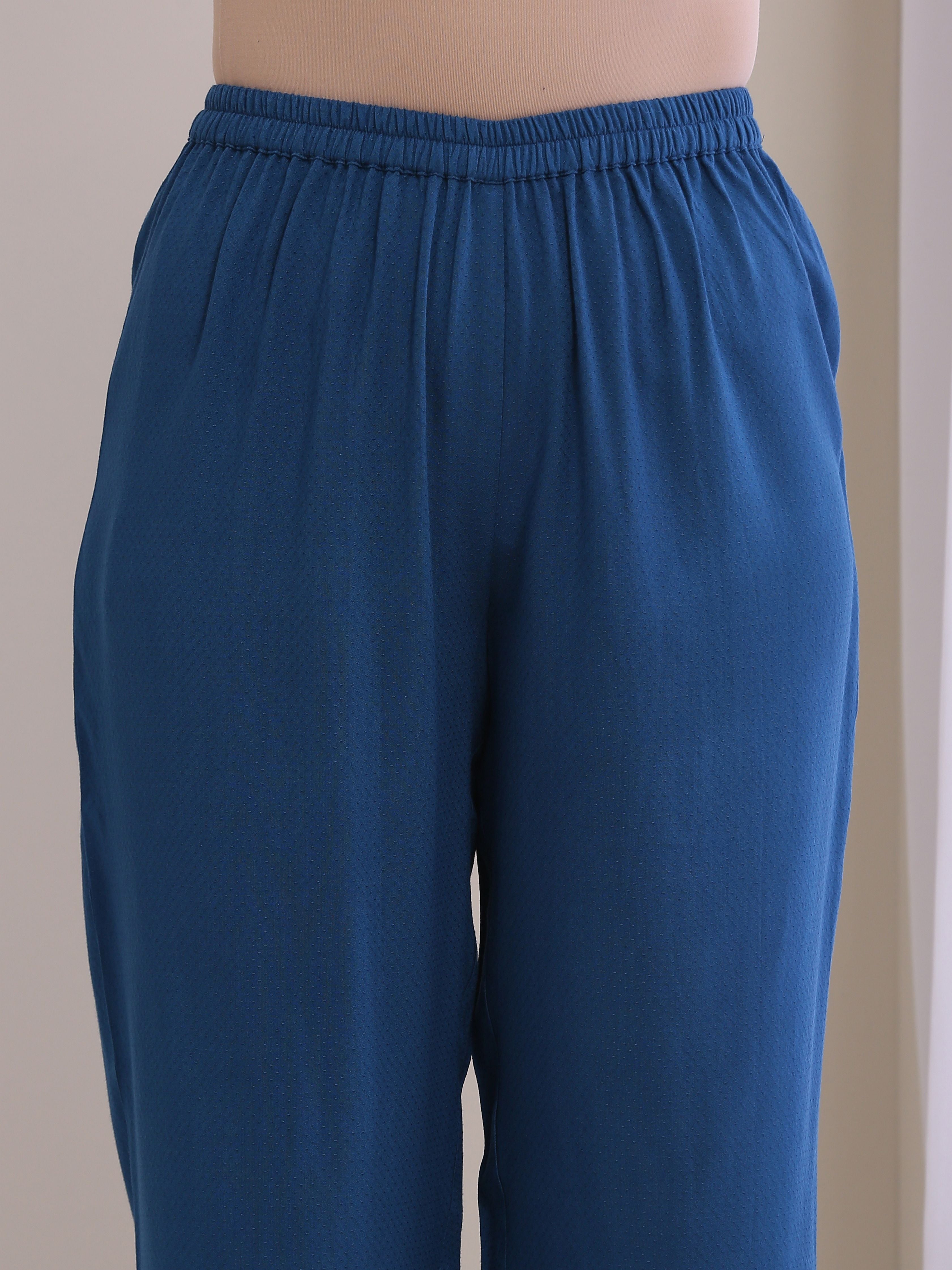 trueBrowns Classic Blue Dobby Pleated Co-Ord Set - Distacart