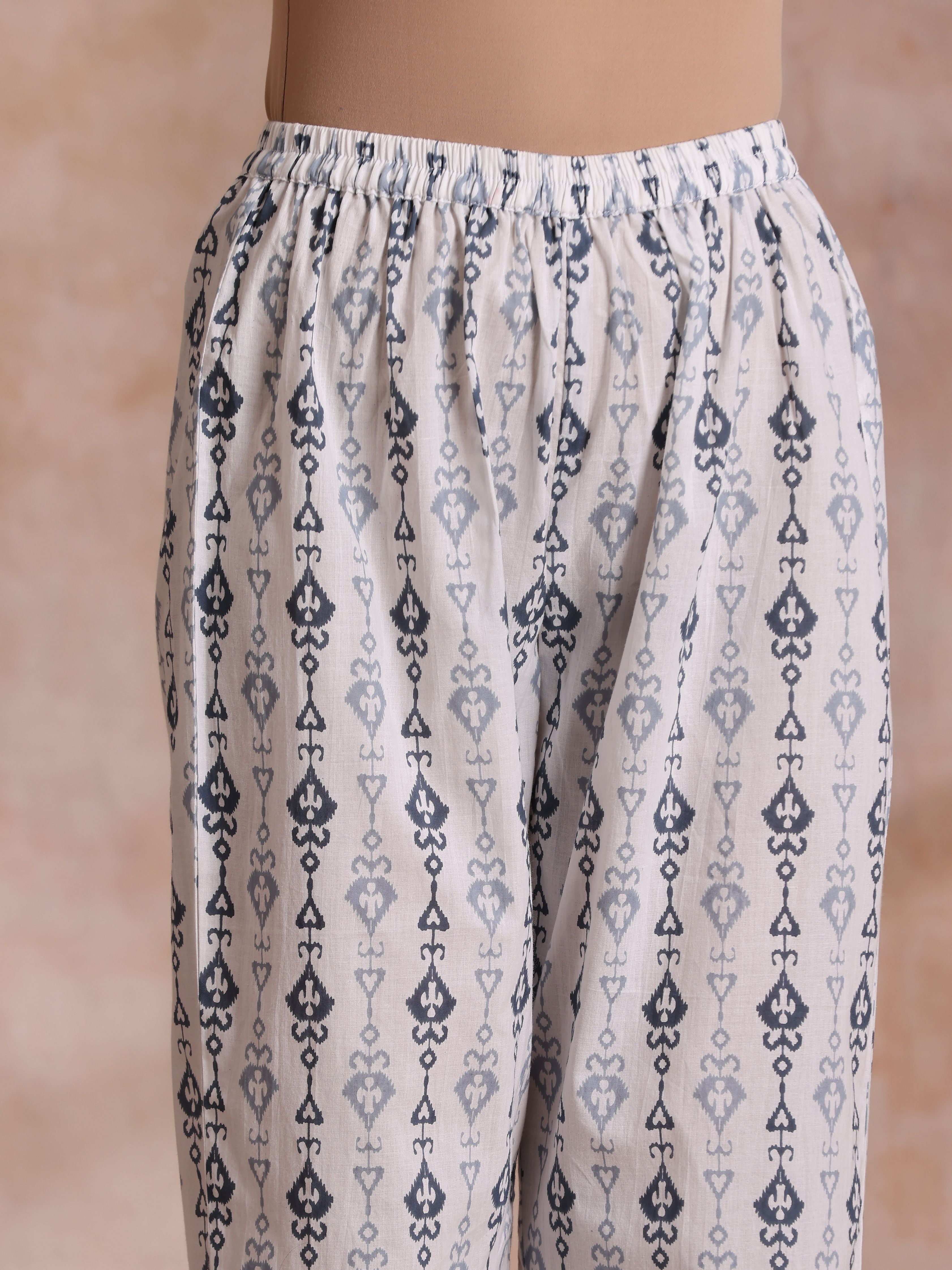 trueBrowns Grey On White Ikat Print Cotton Baggy Sleeve Co-Ord Set - Distacart