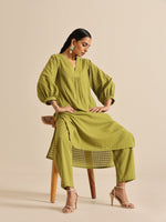 Thumbnail for trueBrowns Fresh Green Dobby Puff Sleeve Kurta Pant Set - Distacart