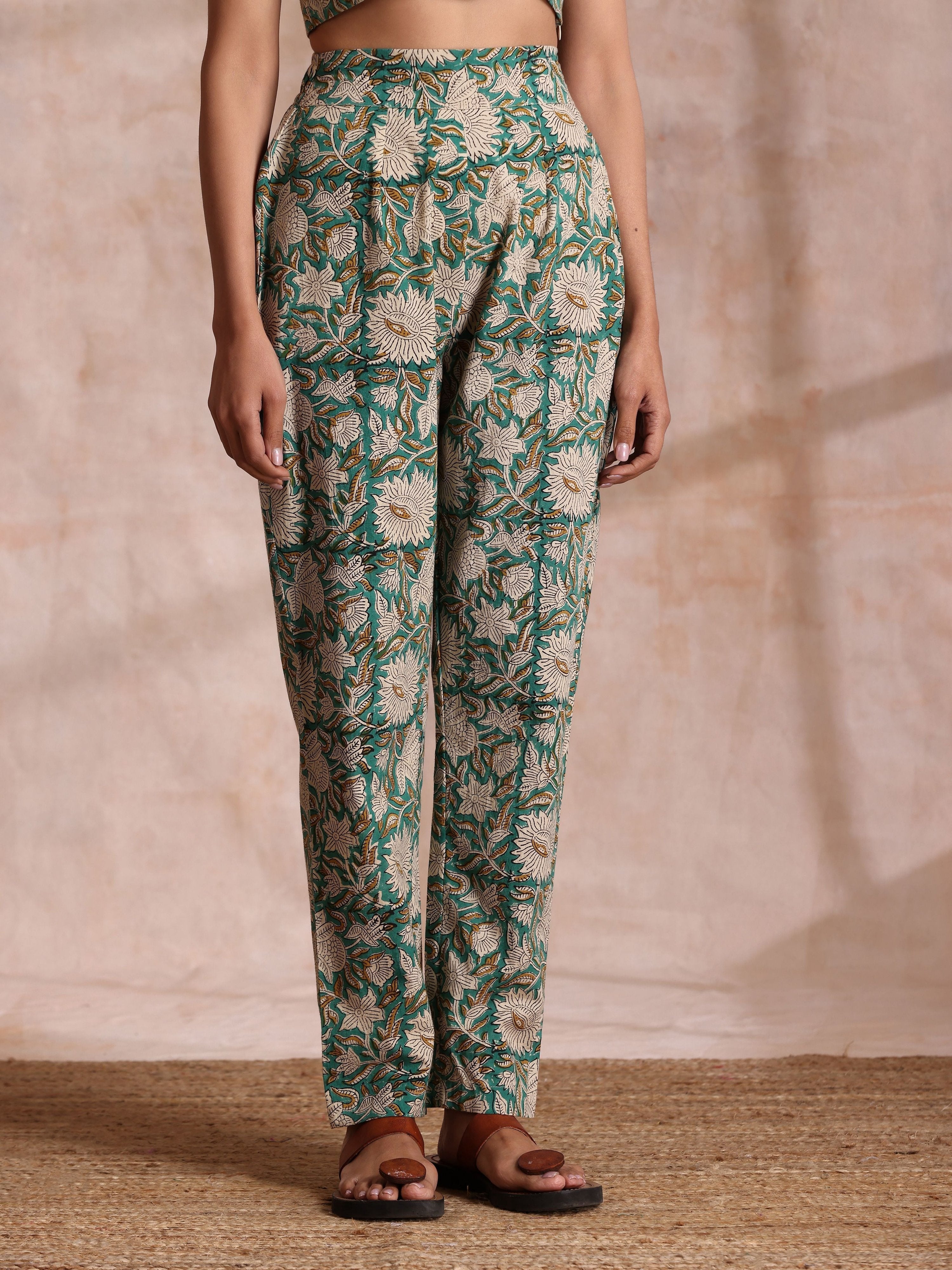trueBrowns Fern Green Overall Floral Block Print Cotton Pant Suit Set - Distacart