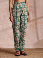 Thumbnail for trueBrowns Fern Green Overall Floral Block Print Cotton Pant Suit Set - Distacart