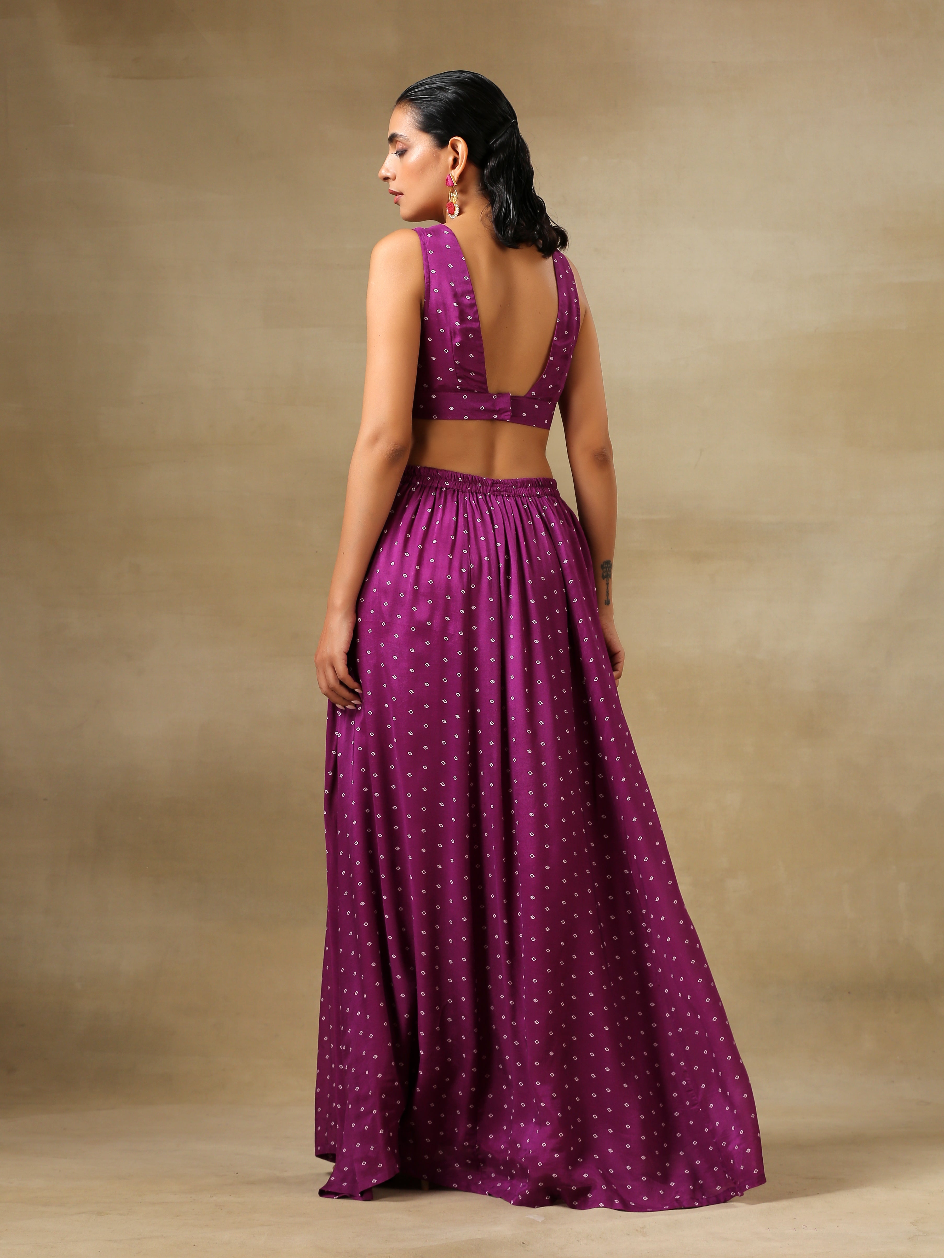 trueBrowns Purple Bandhani Printed Silk Top Skirt Jacket Set - Distacart