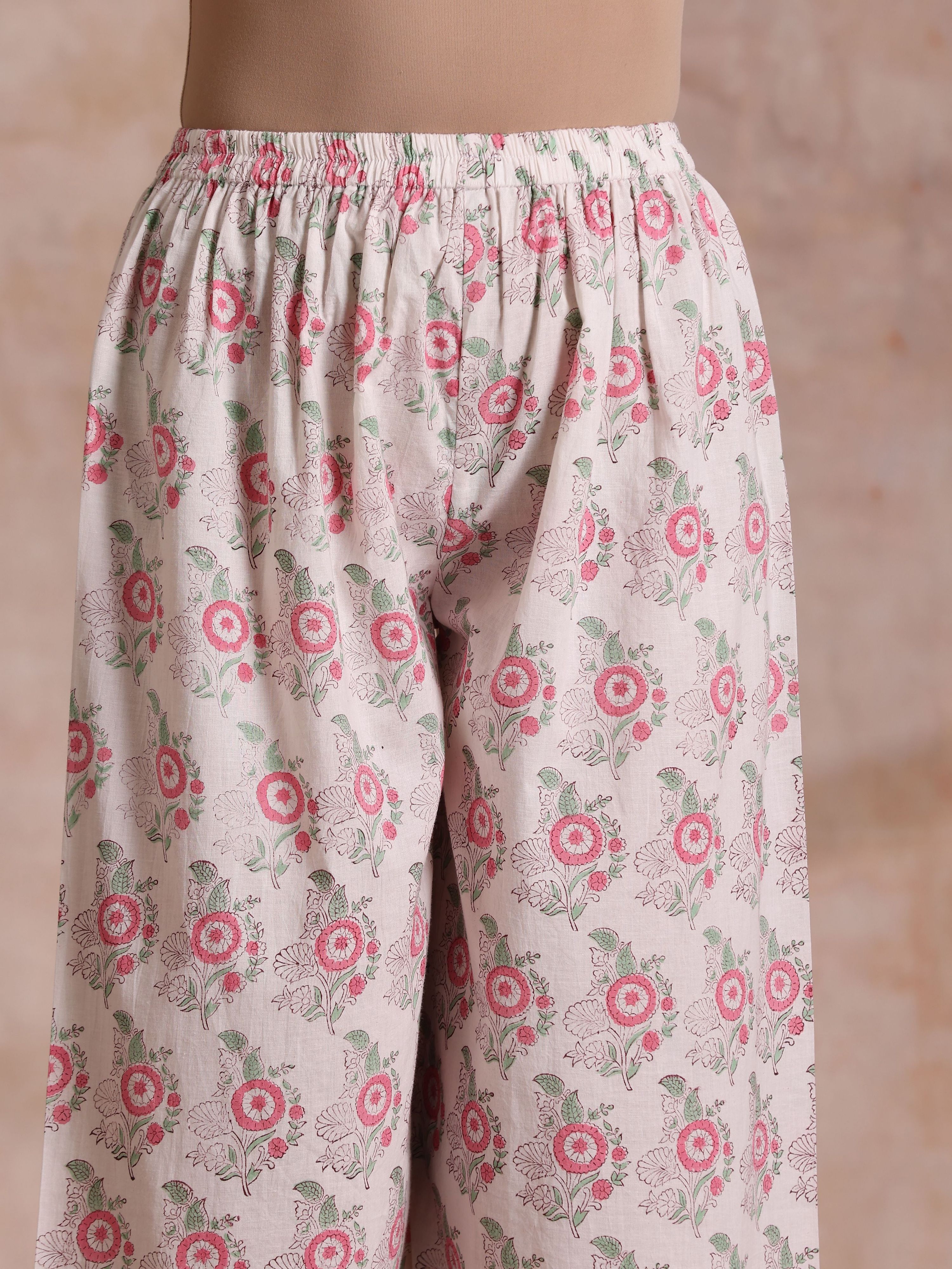trueBrowns Pink Green Buta On White Block Print Cotton High-Low Co-Ord Set - Distacart
