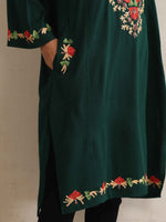 Thumbnail for trueBrowns Green Kashmiri Floral Embroidered Woollen Phiran Kurta - Distacart