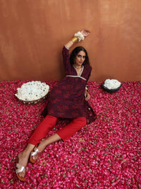 Thumbnail for trueBrowns Purple Floral Print Anarkali Kurta Co-ord Set