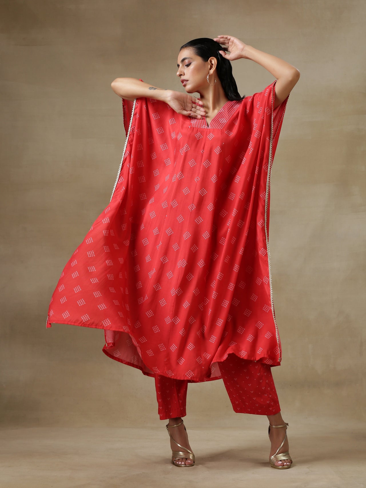 trueBrowns Red Bandhani Printed Silk Panel Kaftan Kurta Pant Set - Distacart