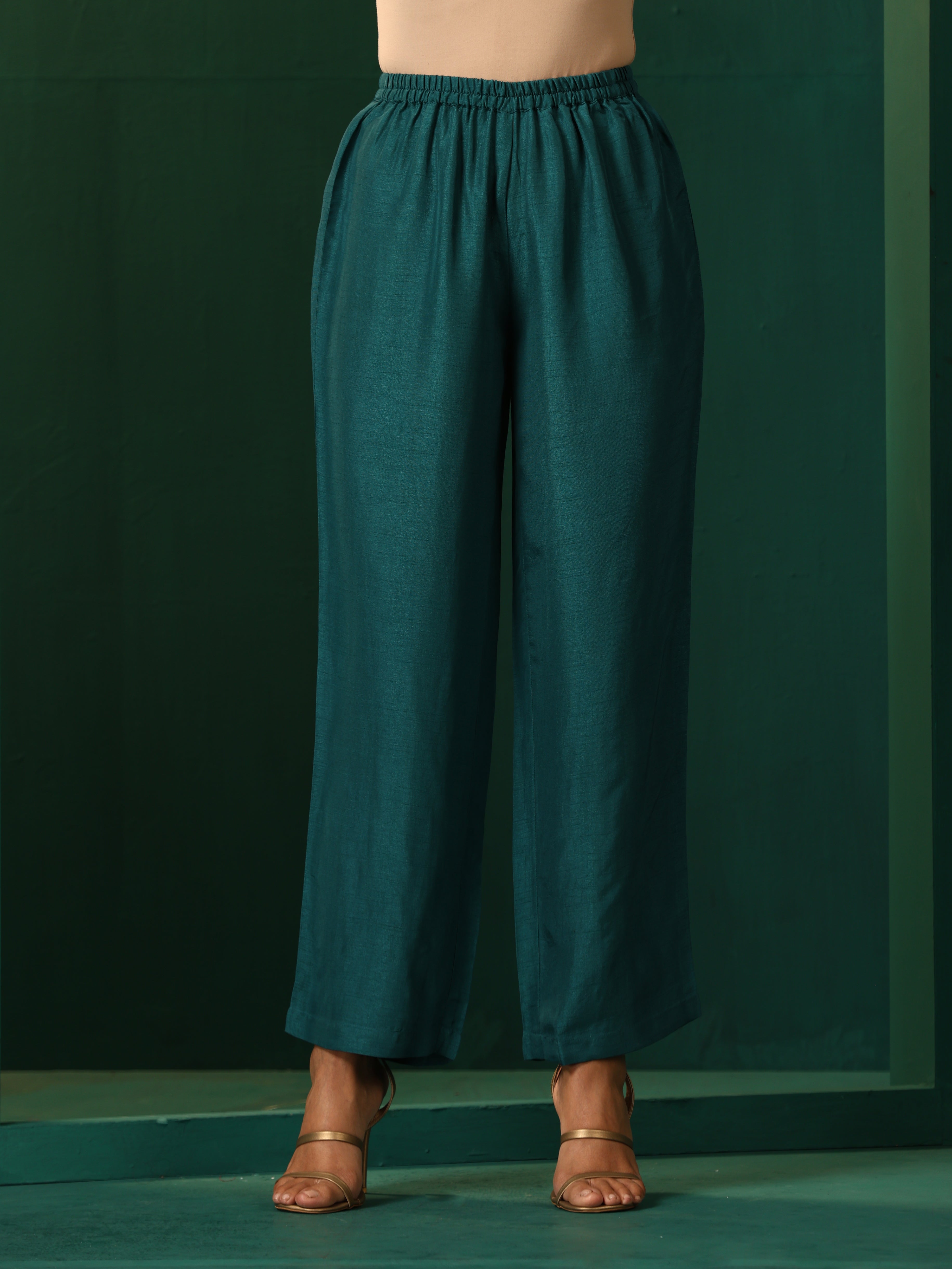 trueBrowns Teal Silk Relaxed Placket Co-ord Set - Distacart