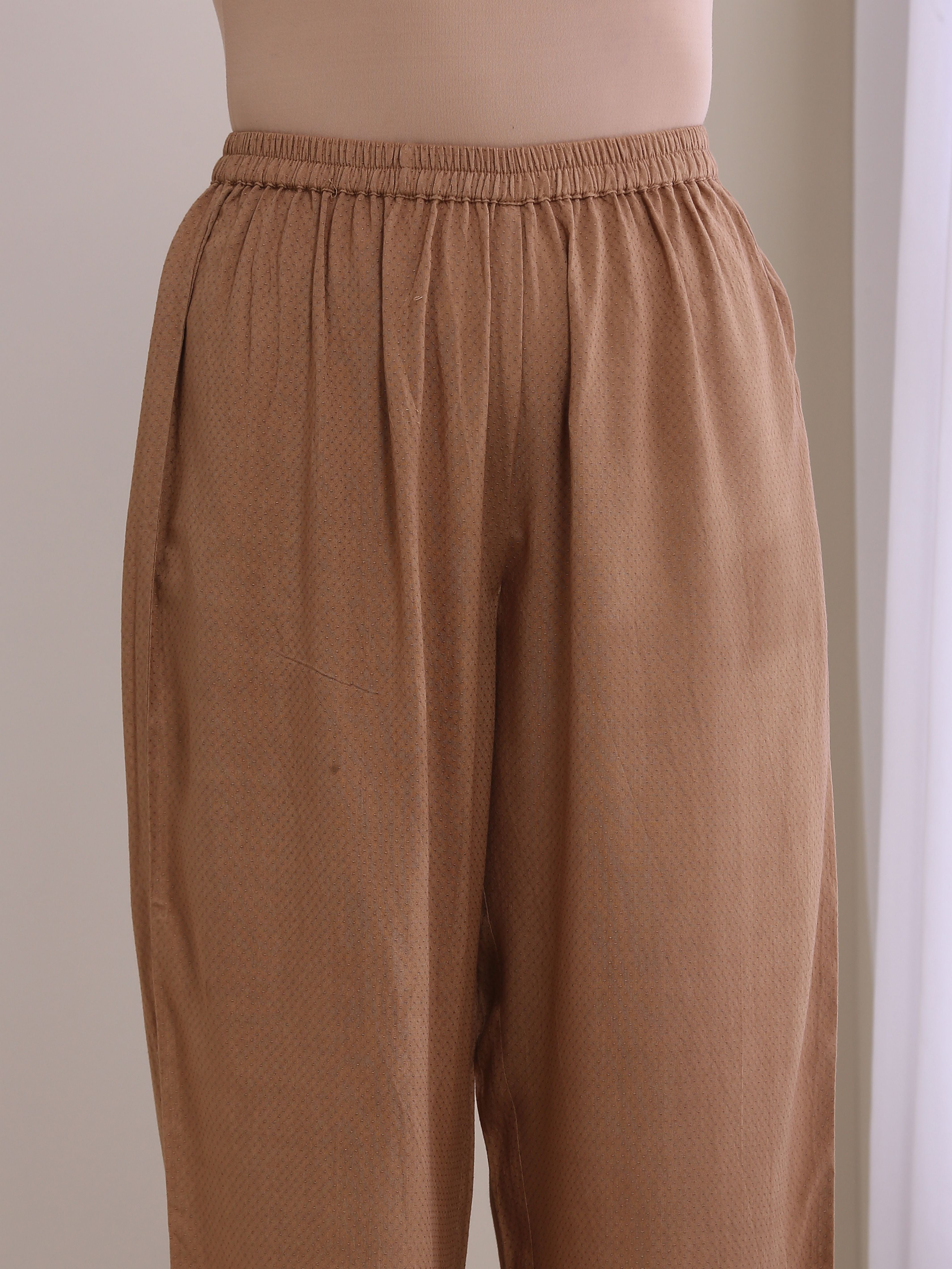 trueBrowns Beige Dobby Gathered Kurta Pant Set - Distacart