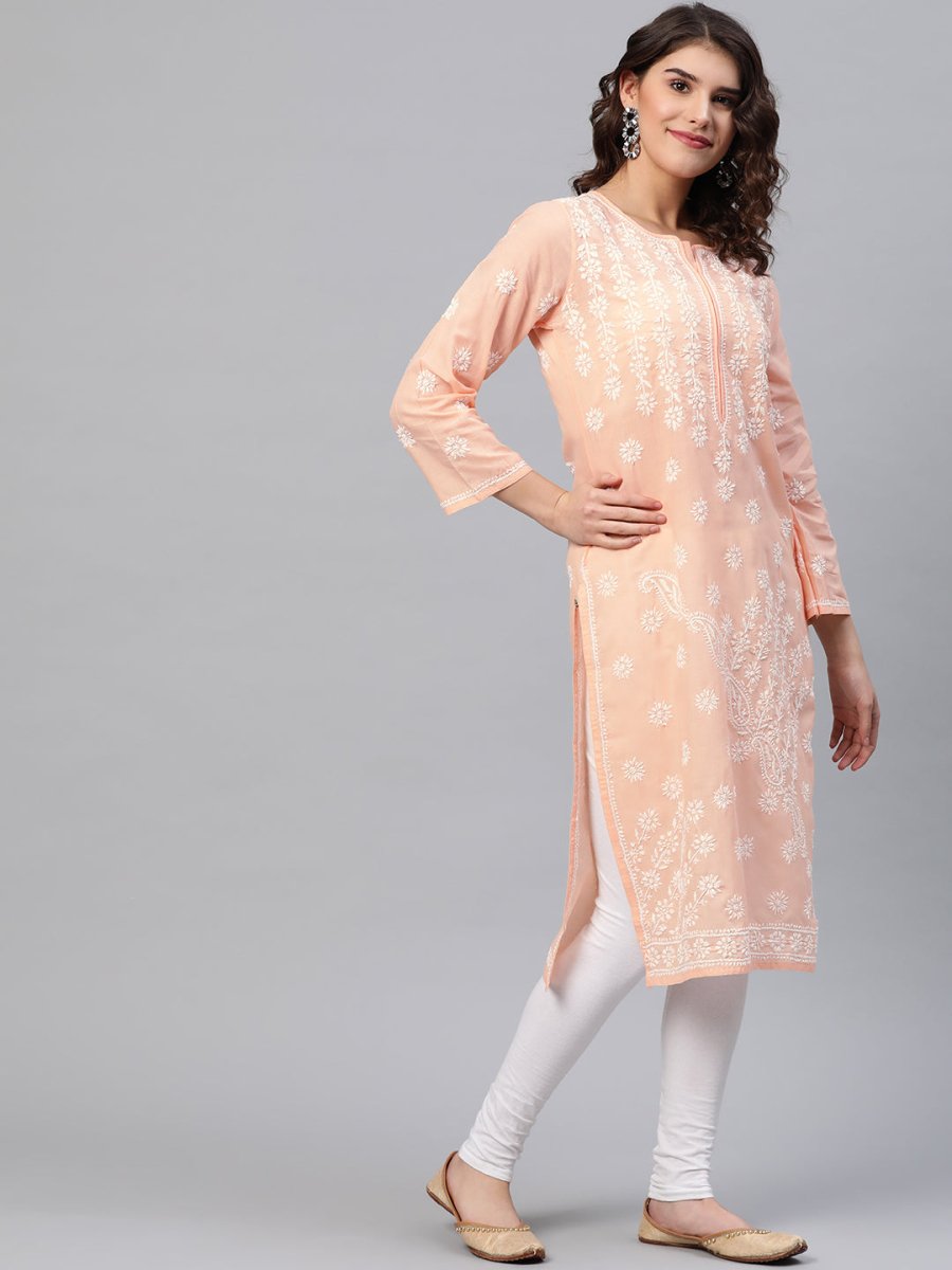 ADA Women Peach-Coloured & White Chikankari Embroidered Cotton Straight Sustainable Kurta - Distacart