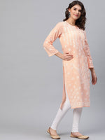 Thumbnail for ADA Women Peach-Coloured & White Chikankari Embroidered Cotton Straight Sustainable Kurta - Distacart