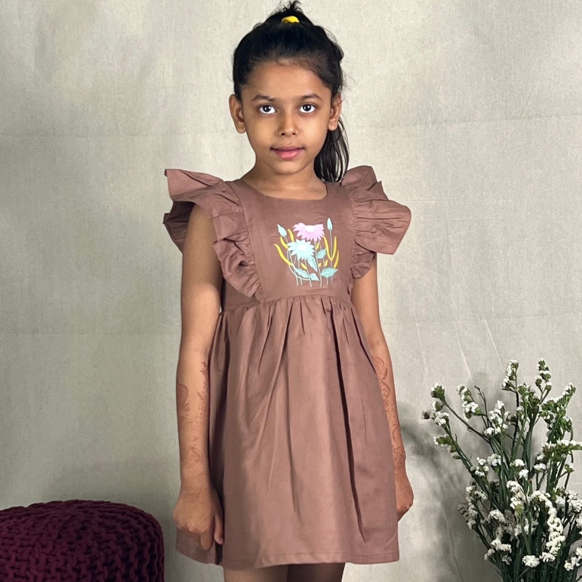 ArthLife Brown Flower Embroidered Frill Dress - Distacart