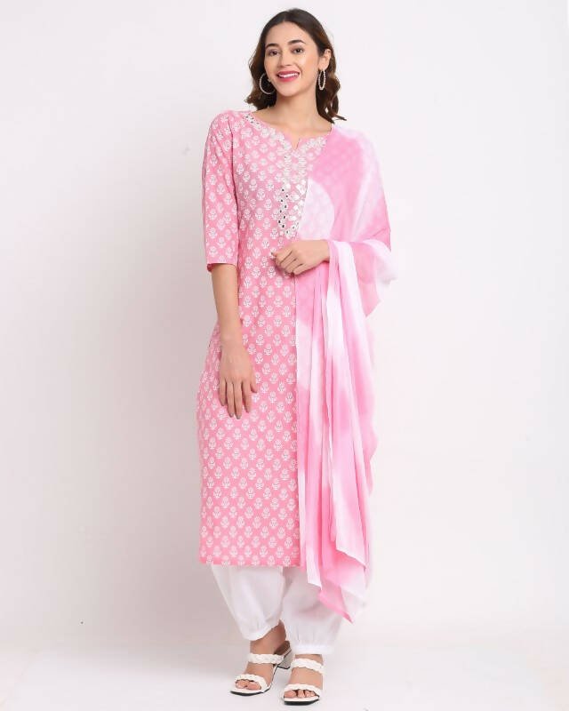 Aastha Fashion Women's Pink Cotton Embroidered Kurta with Trouser & Dupatta - Distacart