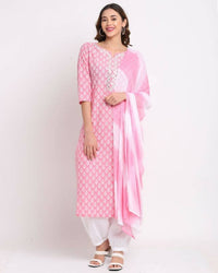 Thumbnail for Aastha Fashion Women's Pink Cotton Embroidered Kurta with Trouser & Dupatta - Distacart