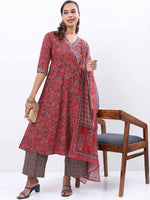 Thumbnail for Vishudh Red & Blue Floral Printed Angrakha Kurta With Palazzos & Dupatta - Distacart