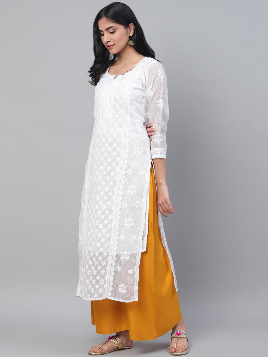 ADA Women White Chikankari Hand Embroidered Semi-Sheer Straight Kota Handloom Kurta - Distacart
